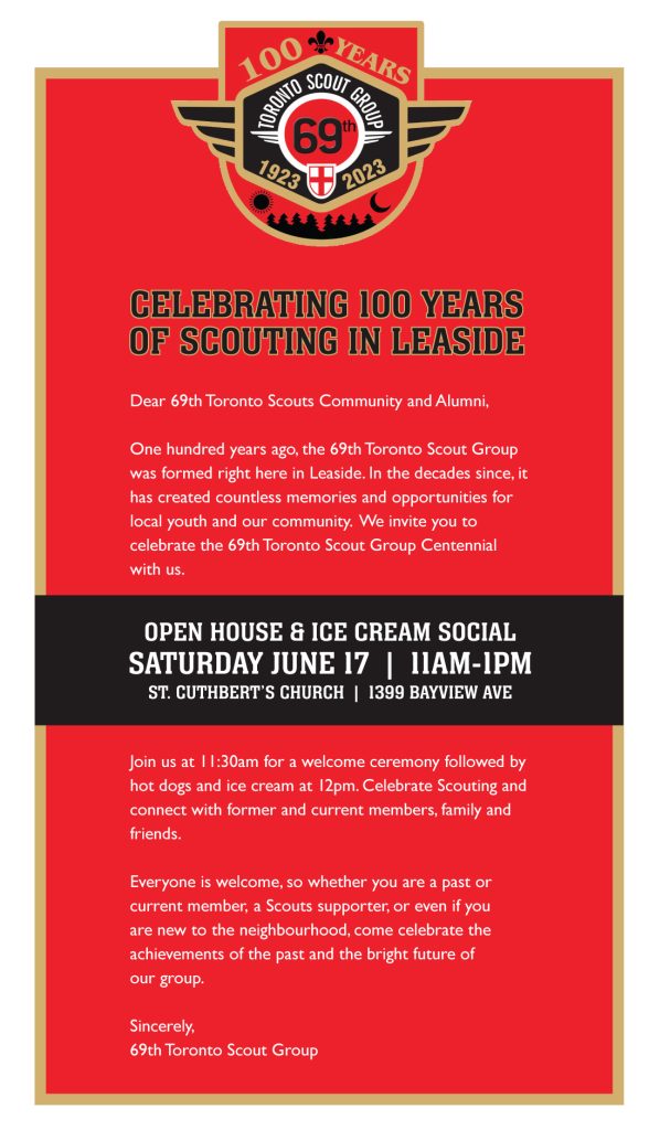 invitation to the 100 year anniversary celebration of the 69th Toronto Scout group